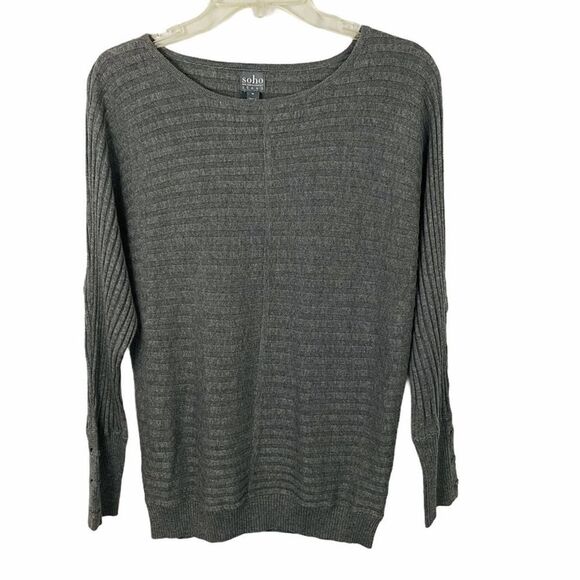 Soho Grey Crew Neck Ribbed Sweater With Laced Sleeves Size Medium - Picture 1 of 10